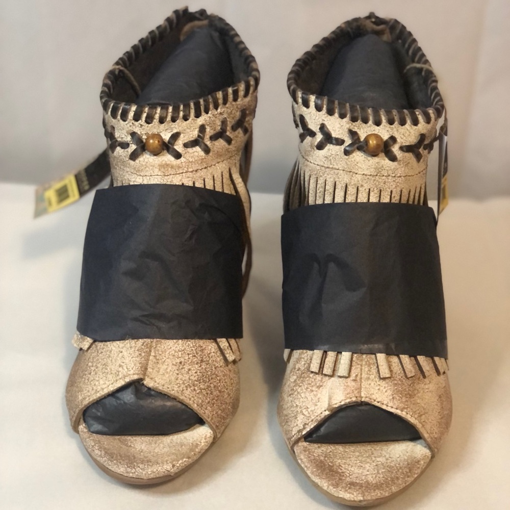 Roper Bettina Fashion Leather Open Toe Sandal Vintage Beige Suede Tan Fringe New - Picture 3 of 9